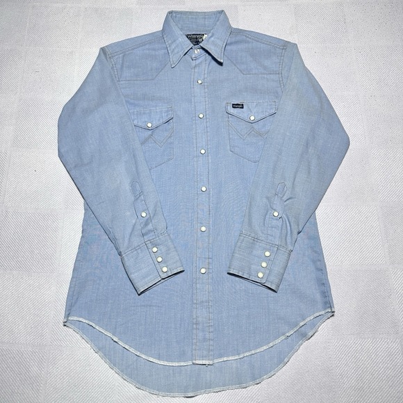 Vintage 80s Wrangler Pearl Snap Shirt Mens 15.5-32 Chambray Western Flap Pocket - Picture 2 of 11